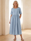 Maribel | Round Neck Short Sleeve Gathered Midi Dress