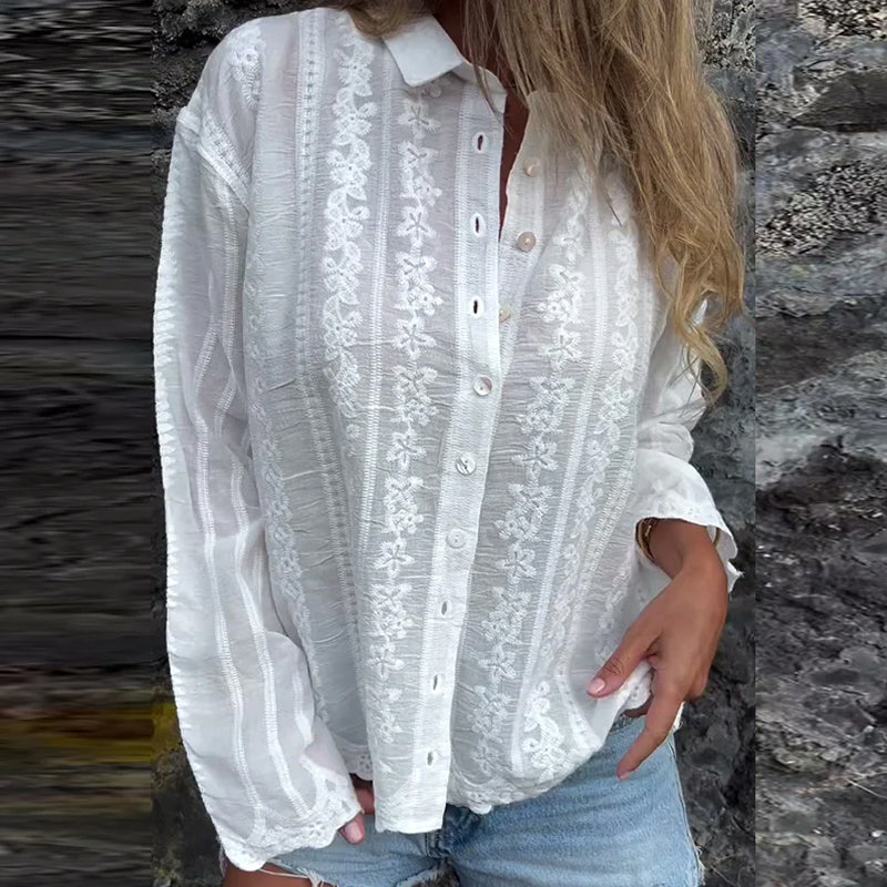 Embroidered Polo-Collar Casual Shirt with Hollow Design