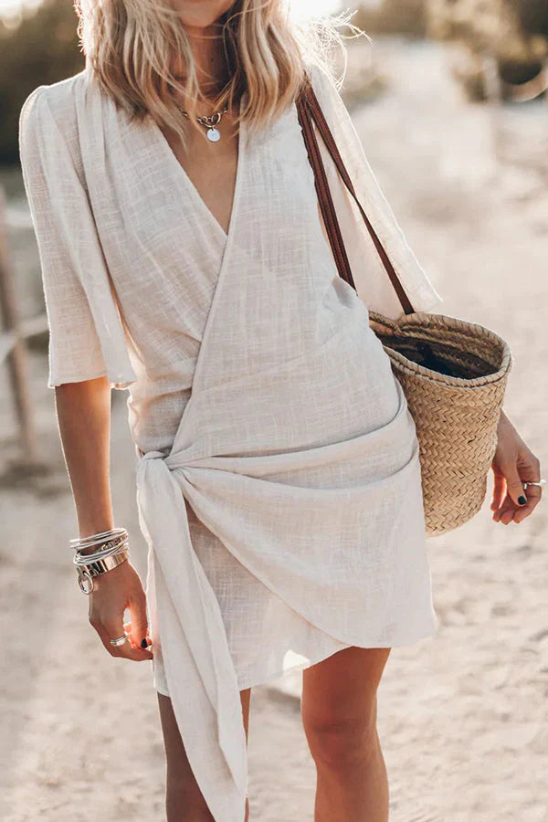 Wrap Linen Mini Dress with Tie Waist and Short Sleeves