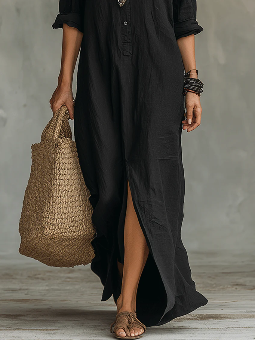Relaxed V-Neck Button Maxi Dress for Effortless Everyday Elegance