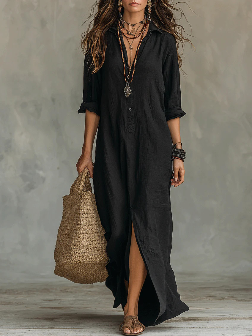 Relaxed V-Neck Button Maxi Dress for Effortless Everyday Elegance