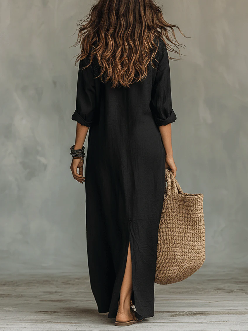 Relaxed V-Neck Button Maxi Dress for Effortless Everyday Elegance