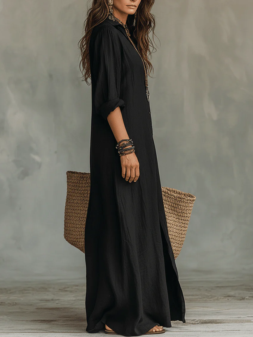 Relaxed V-Neck Button Maxi Dress for Effortless Everyday Elegance