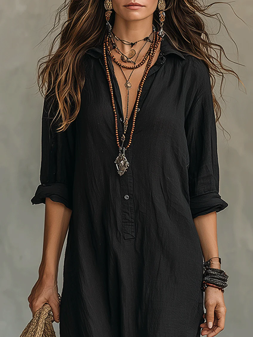 Relaxed V-Neck Button Maxi Dress for Effortless Everyday Elegance