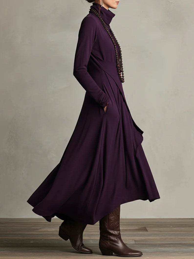 Purple Maxi Dress with High Neck and Asymmetrical Draping
