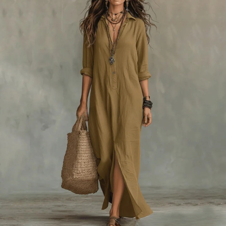 Linen Ankle-Length Long Shirt Dress with Three-Quarter Sleeves