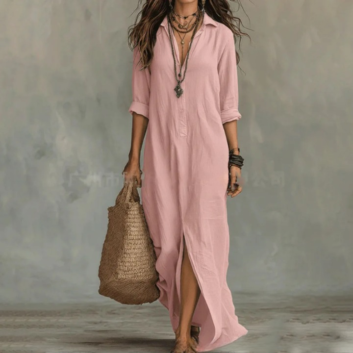 Linen Ankle-Length Long Shirt Dress with Three-Quarter Sleeves