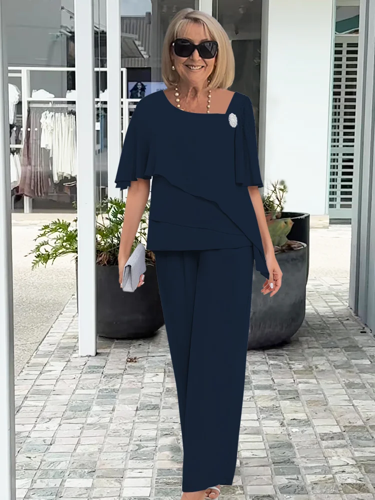 Navy Overlay Two-Piece Set With Straight-Leg Pants