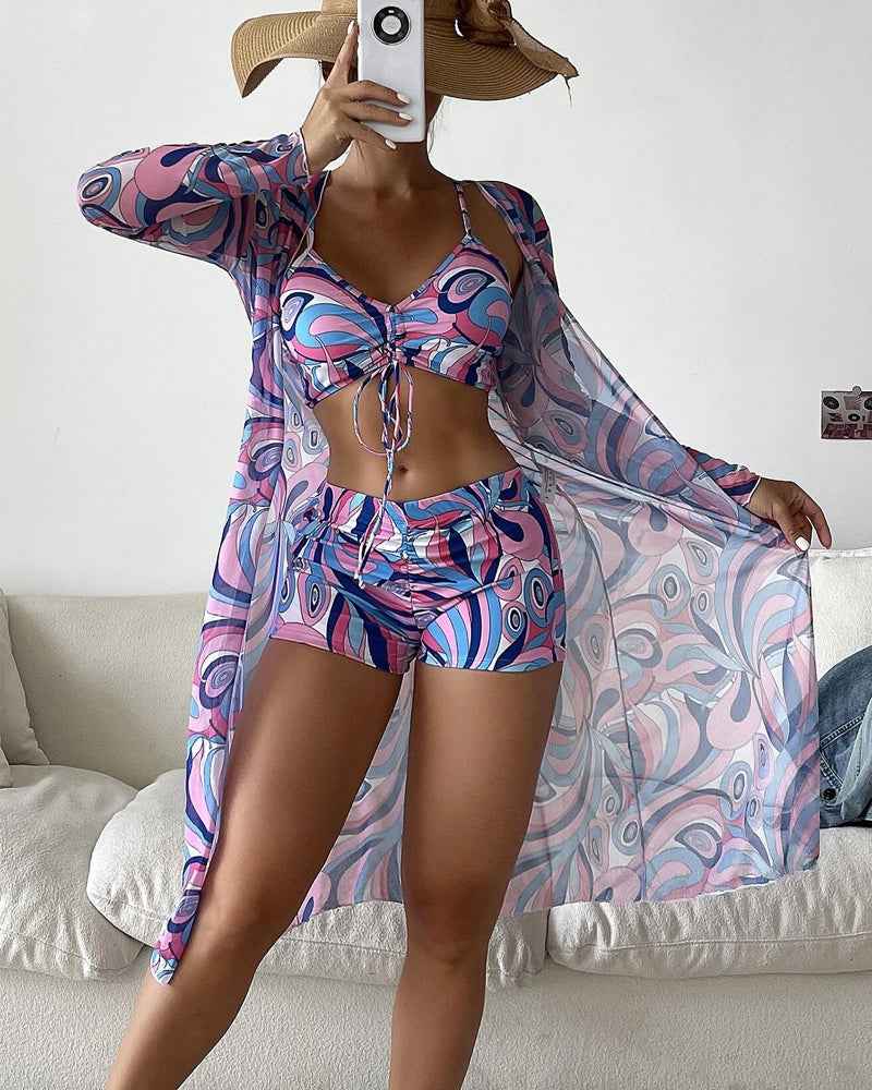 Three-Piece Printed Bikini Set in Vibrant Orange
