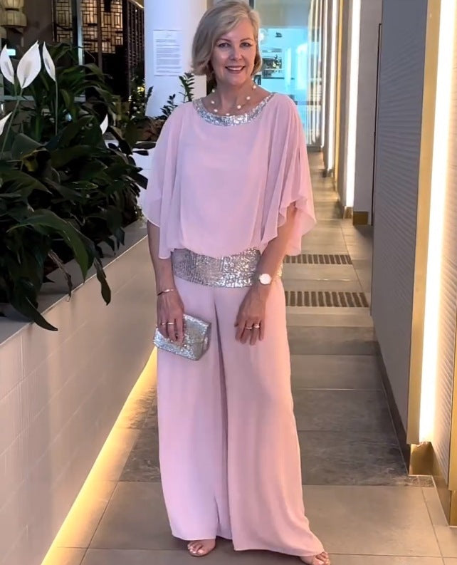 Elegant Two-Piece Wide-Leg Pants Set with Sequin Details