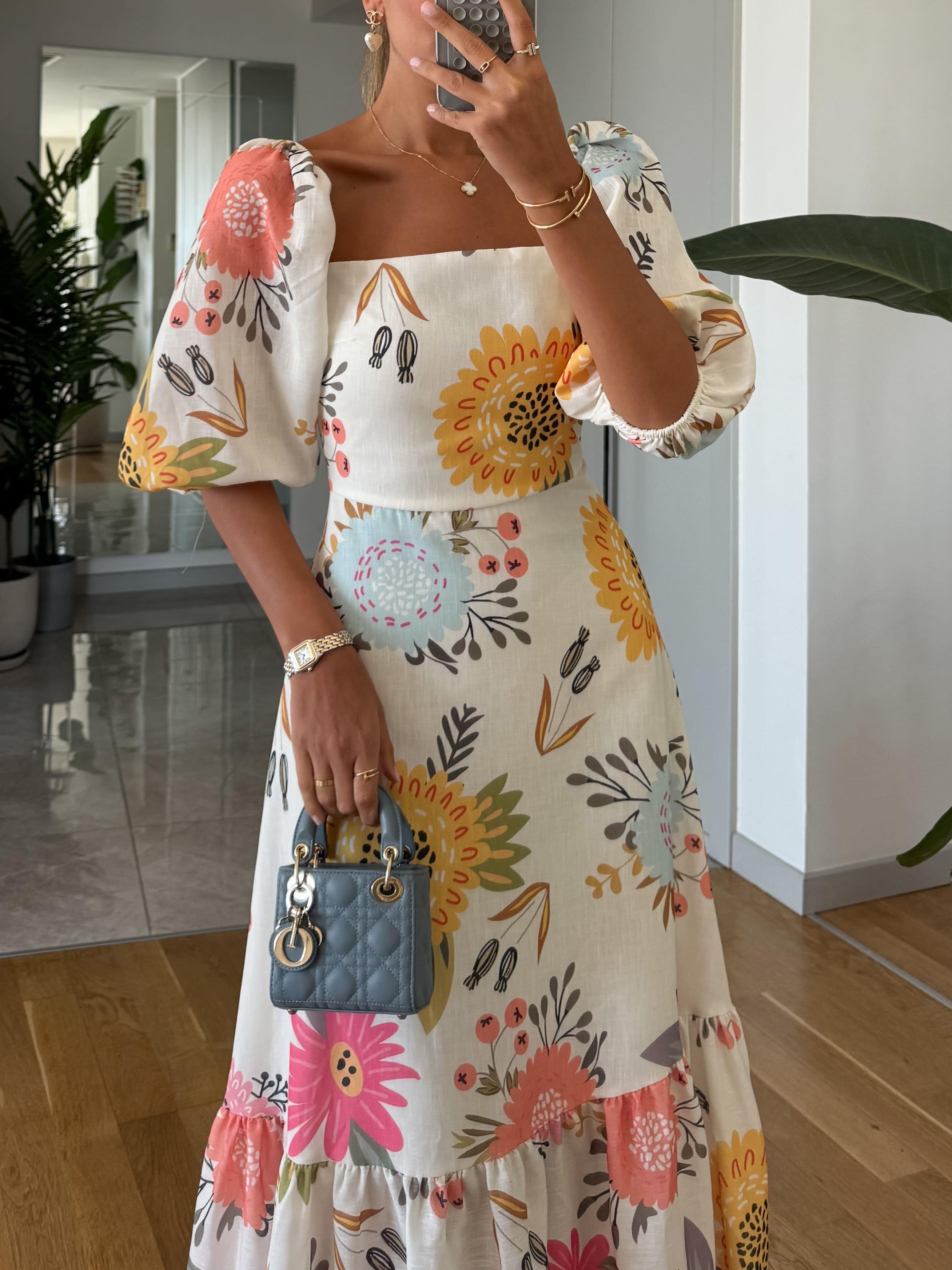 Floral Puff Sleeve A-Line Midi Dress with Square Neckline