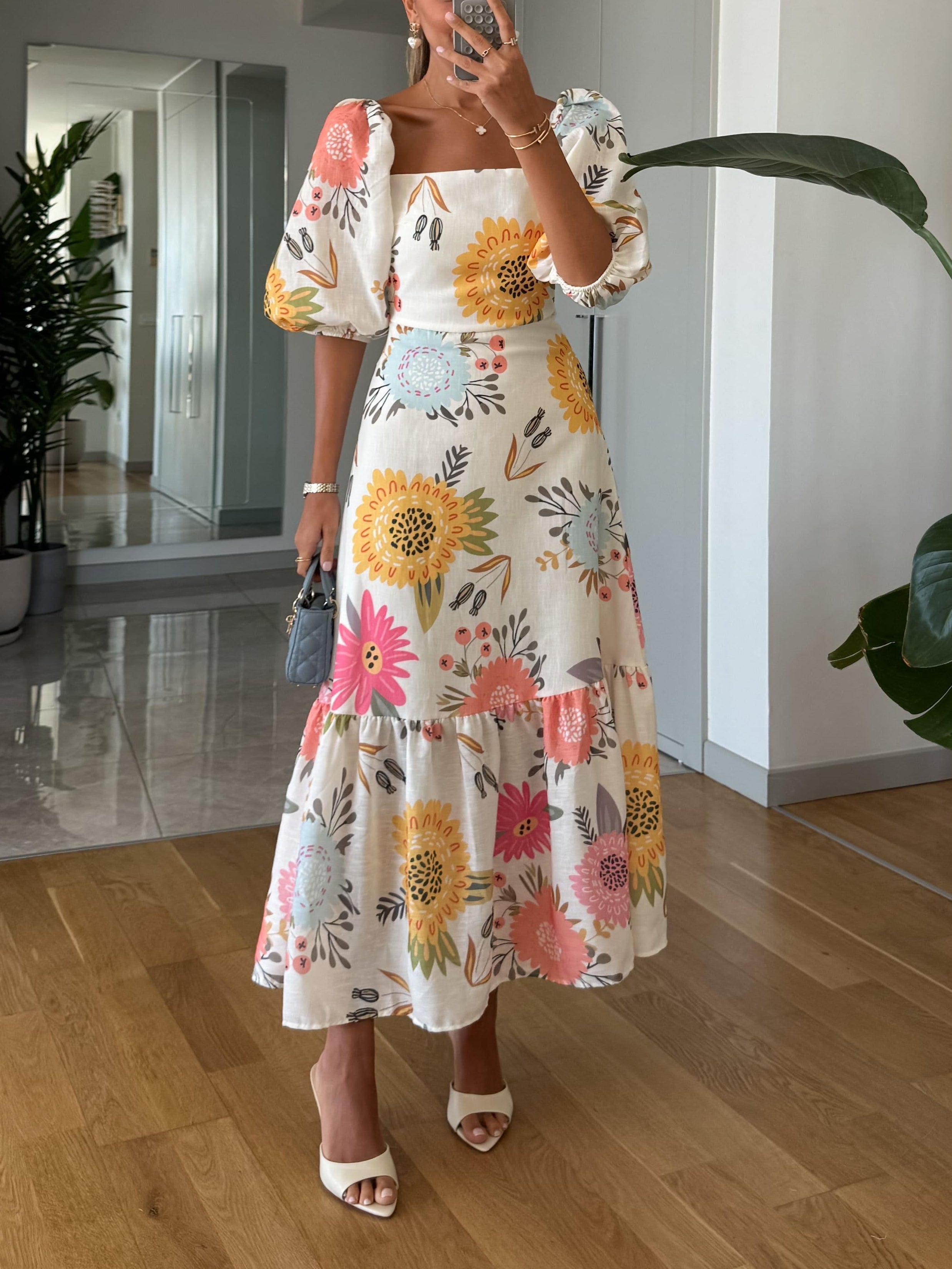 Floral Puff Sleeve A-Line Midi Dress with Square Neckline