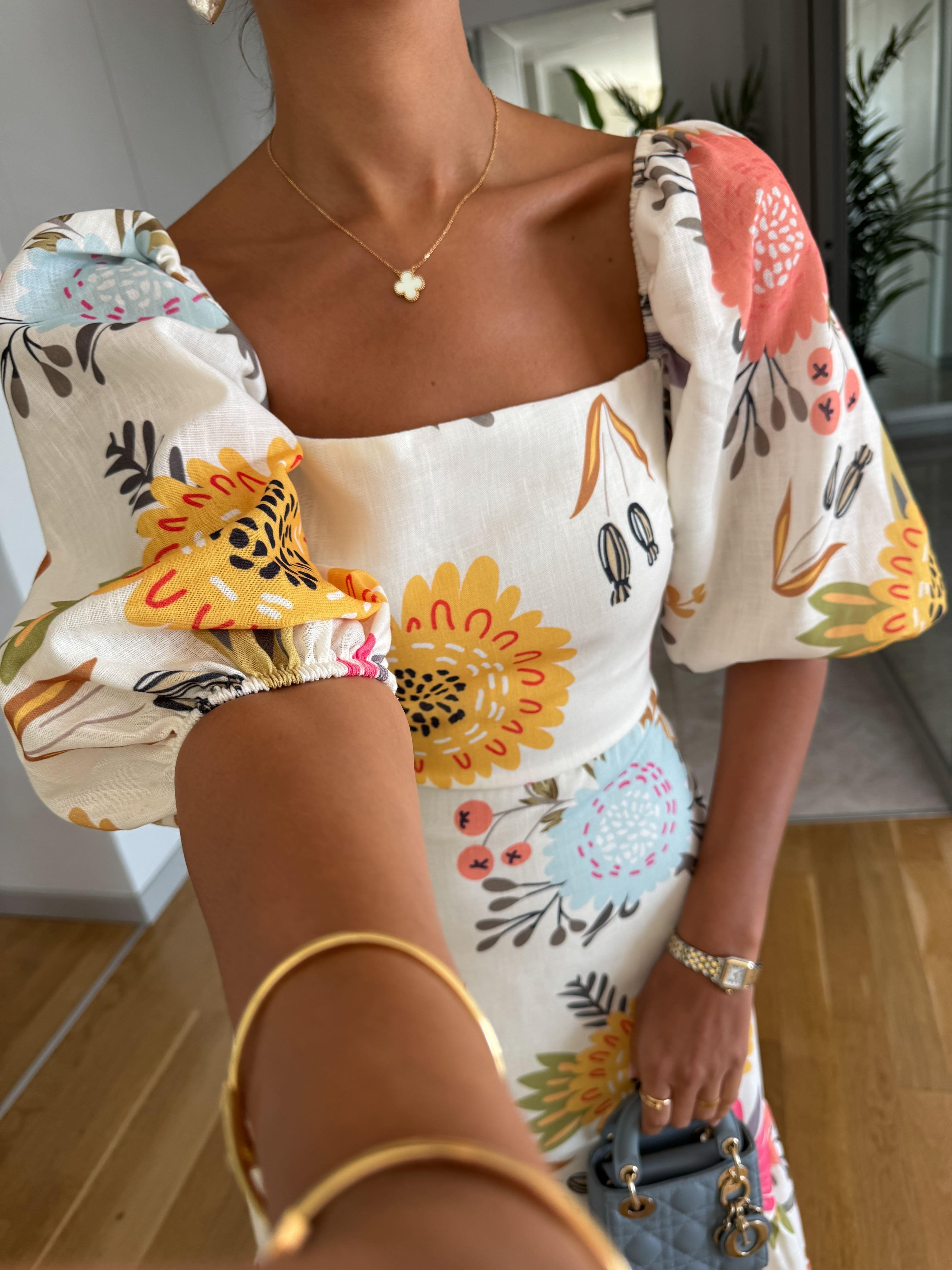 Floral Puff Sleeve A-Line Midi Dress with Square Neckline