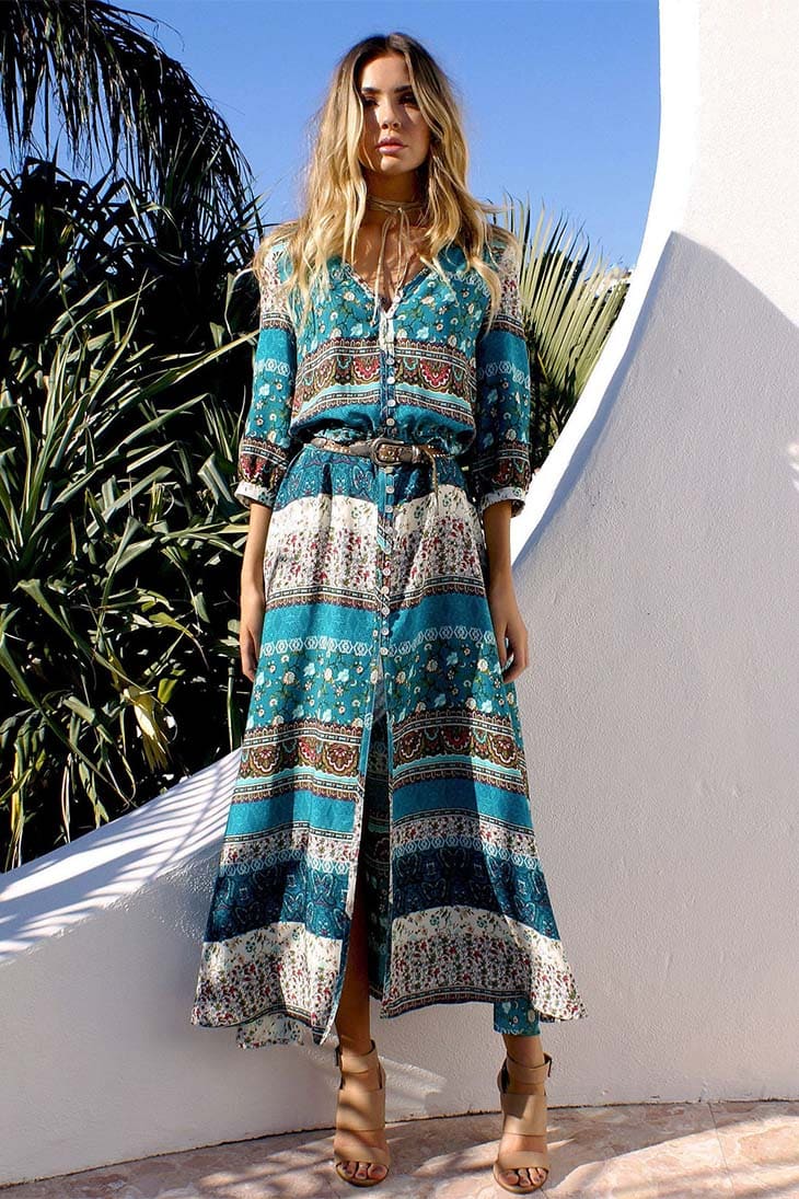 Bohemian Floral Maxi Dress in Turquoise