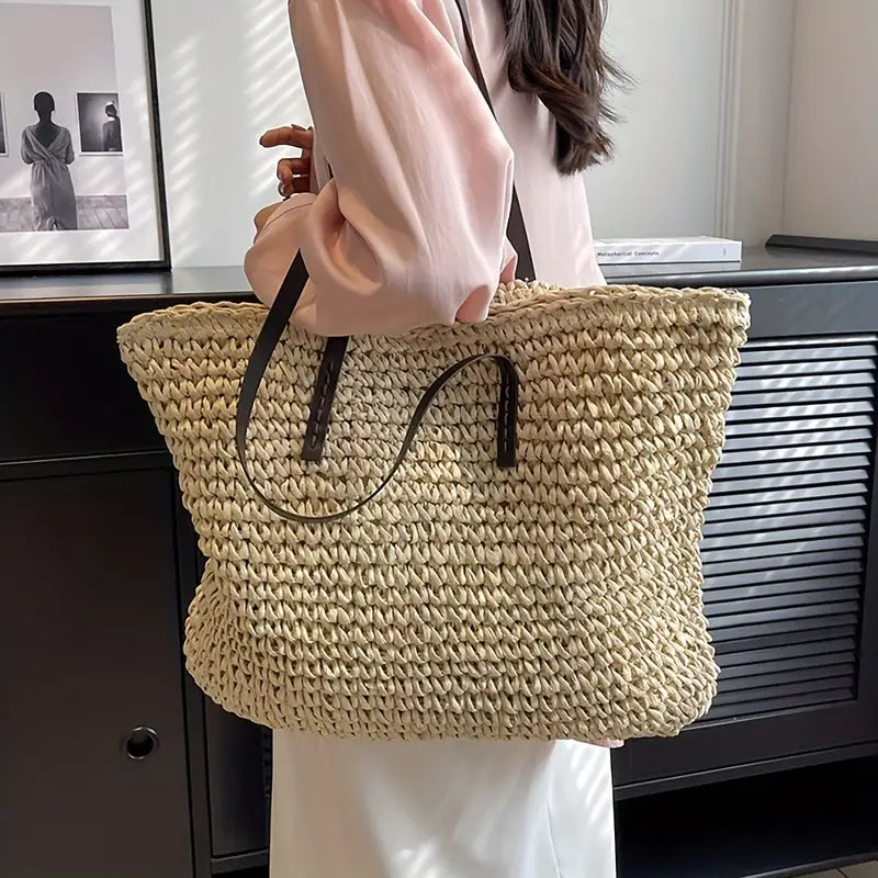 Oversized Woven Straw Tote Bag for Summer Beach & Travel