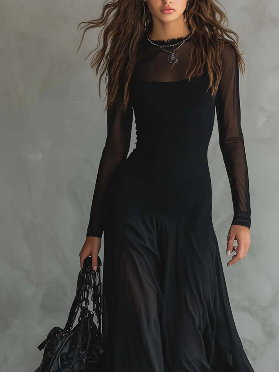 Black Tulle Patchwork Maxi Dress – Flowing Evening Elegance