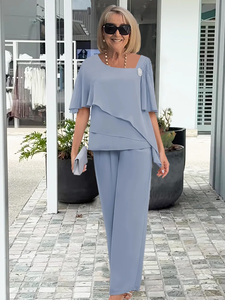 Navy Overlay Two-Piece Set With Straight-Leg Pants