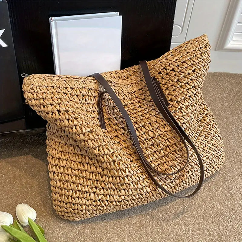 Oversized Woven Straw Tote Bag for Summer Beach & Travel