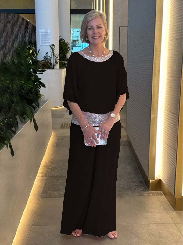 Elegant Two-Piece Wide-Leg Pants Set with Sequin Details