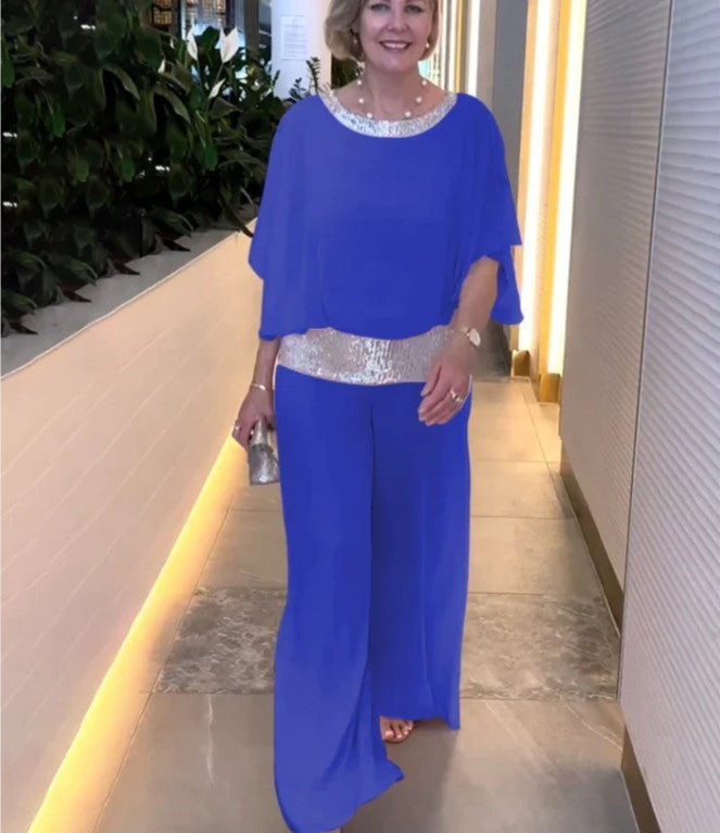 Elegant Two-Piece Wide-Leg Pants Set with Sequin Details