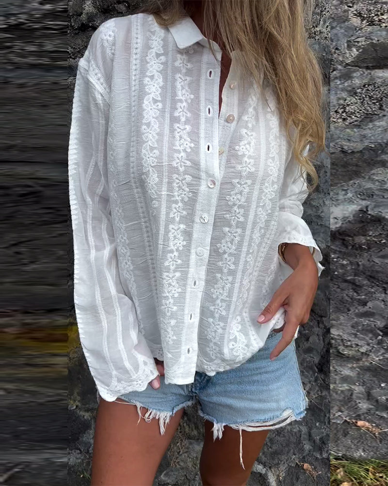 Embroidered Polo-Collar Casual Shirt with Hollow Design