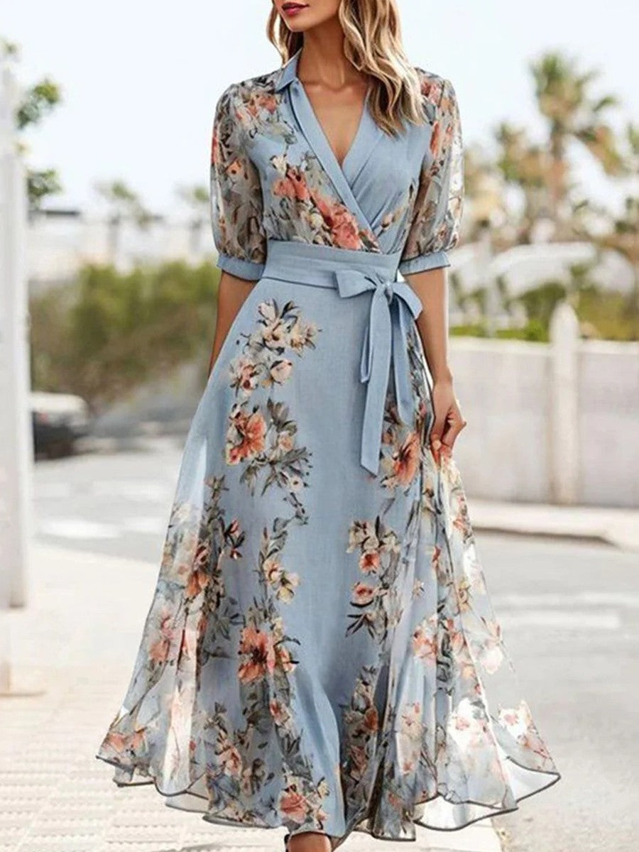Floral Chiffon Midi Dress with V-Neck & Self-Tie Belt – Maison & Grace