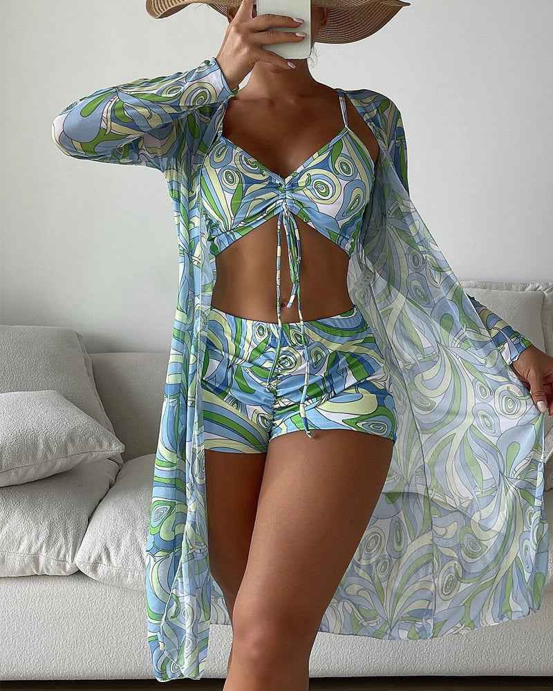 Three-Piece Printed Bikini Set in Vibrant Orange