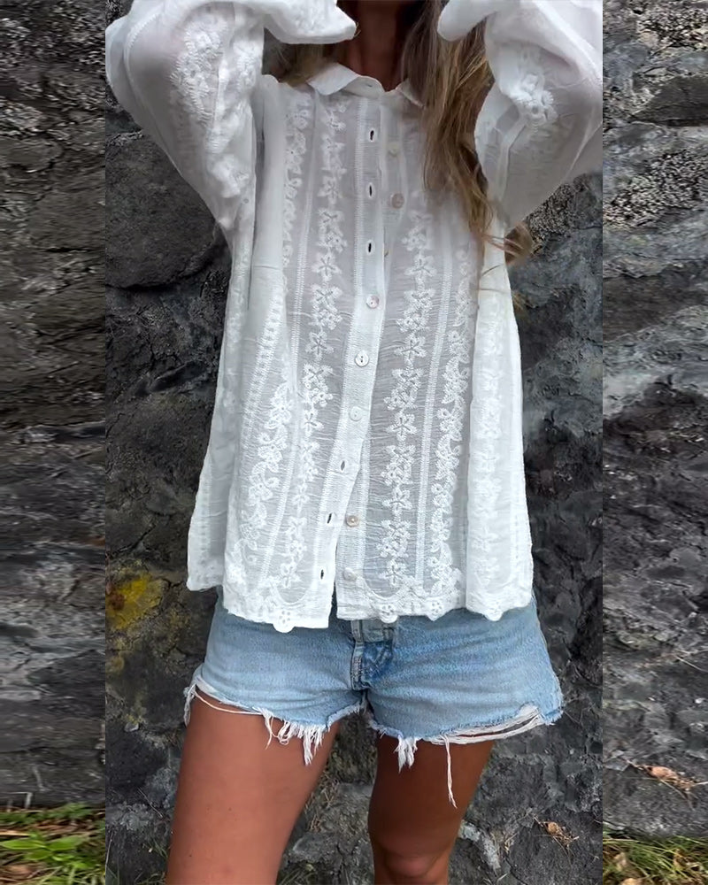 Embroidered Polo-Collar Casual Shirt with Hollow Design