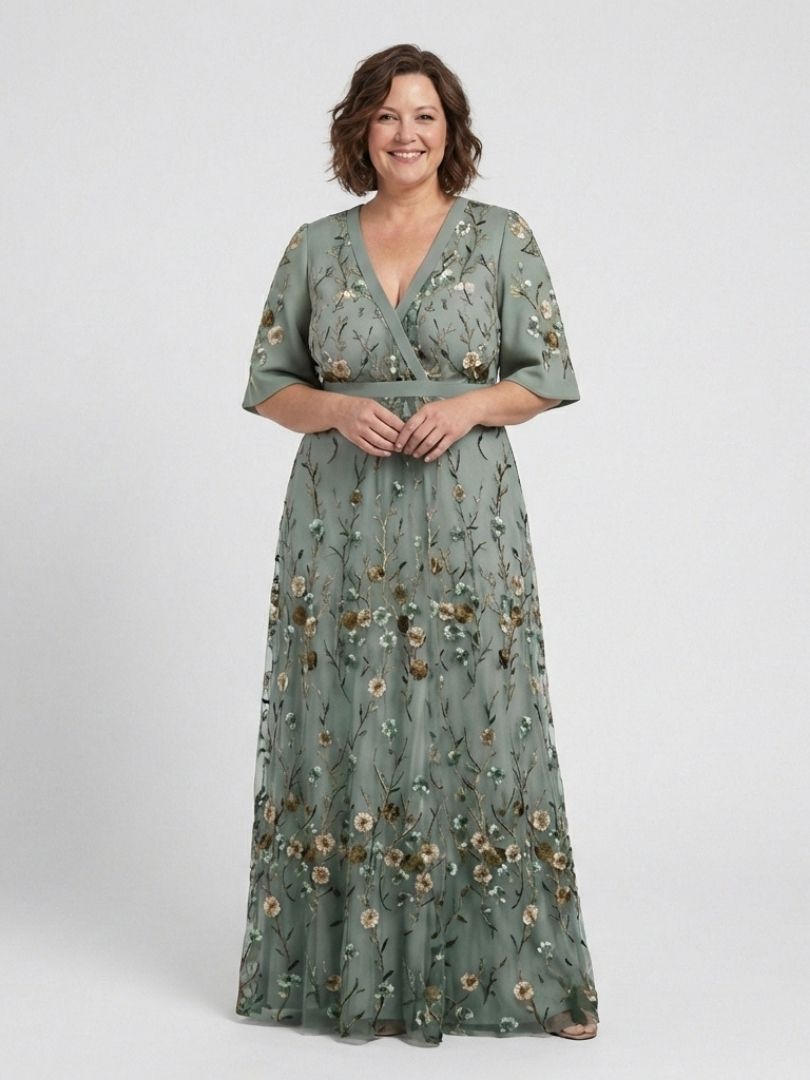 Floral V Neck Maxi Dress with Sheer Sleeves for Special Occasions