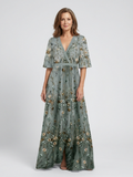 Floral V Neck Maxi Dress with Sheer Sleeves for Special Occasions