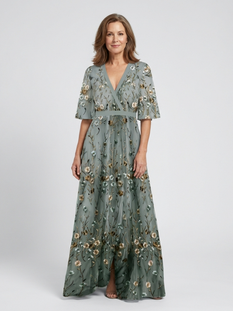Floral V Neck Maxi Dress with Sheer Sleeves for Special Occasions