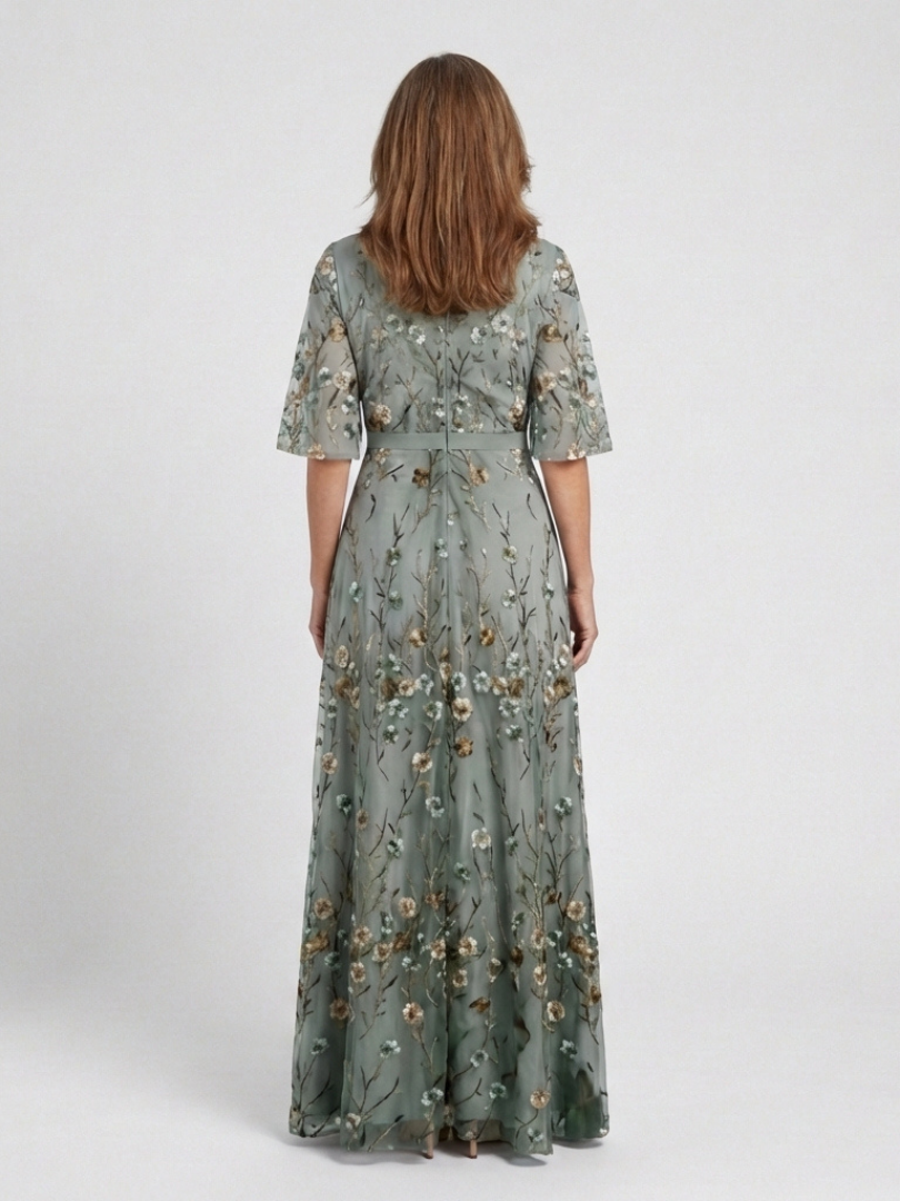 Floral V Neck Maxi Dress with Sheer Sleeves for Special Occasions