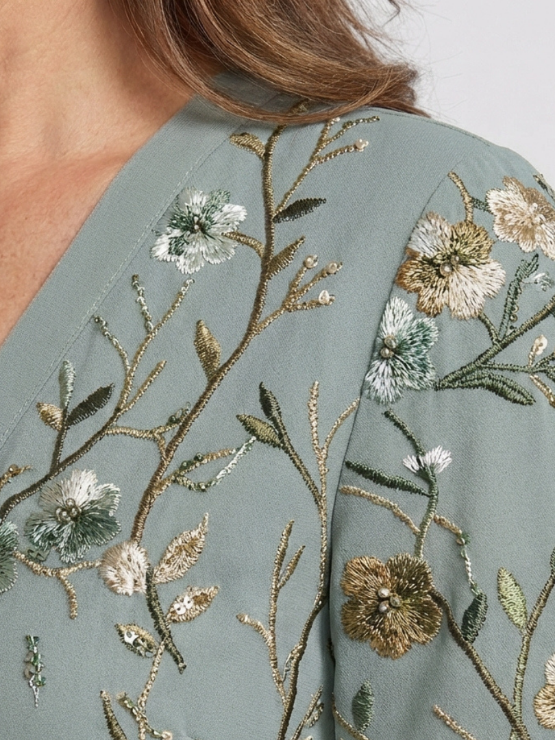 Floral V Neck Maxi Dress with Sheer Sleeves for Special Occasions