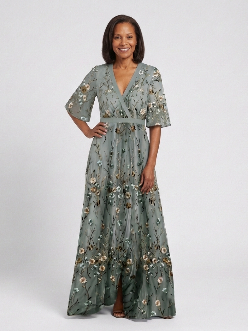 Floral V Neck Maxi Dress with Sheer Sleeves for Special Occasions