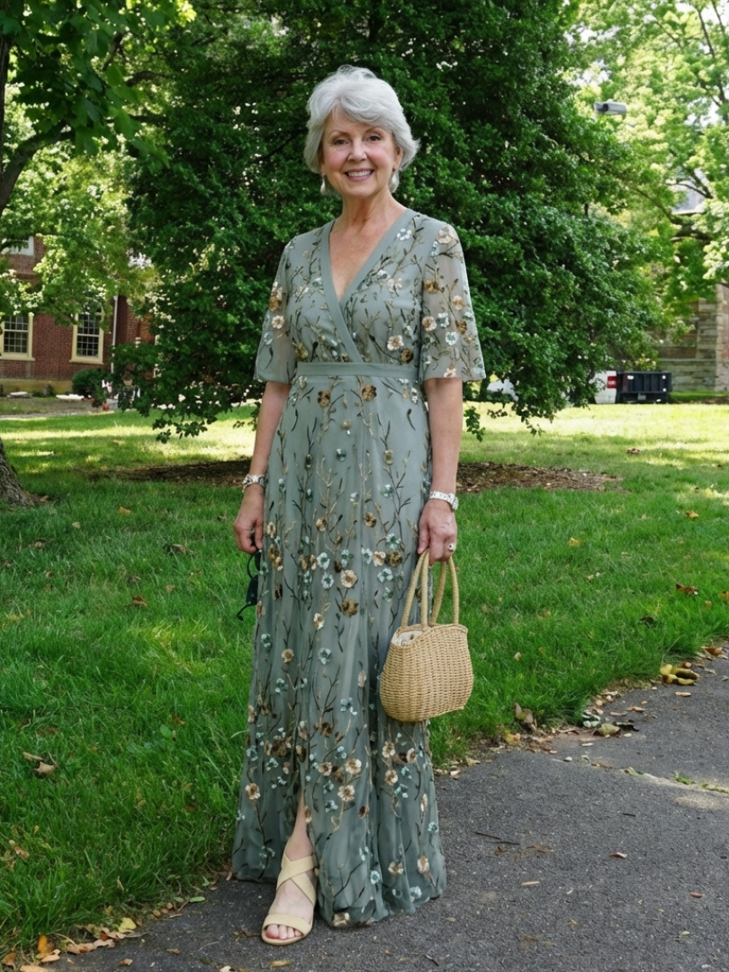 Floral V Neck Maxi Dress with Sheer Sleeves for Special Occasions