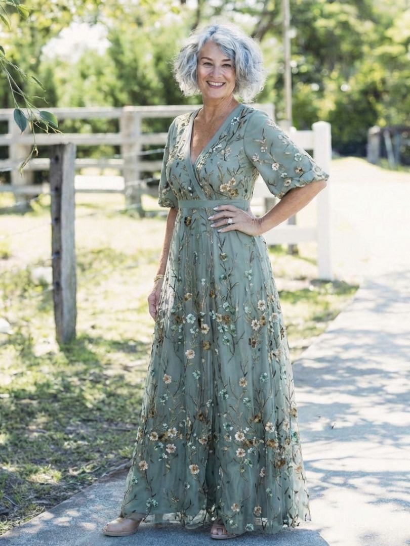 Floral V Neck Maxi Dress with Sheer Sleeves for Special Occasions
