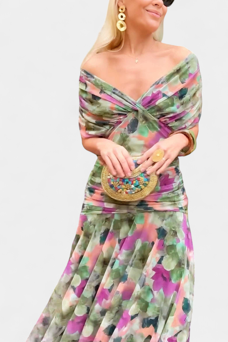 Alondra Long Floral Dress with V-Neck - Flowing Romantic Maxi Dress for Women