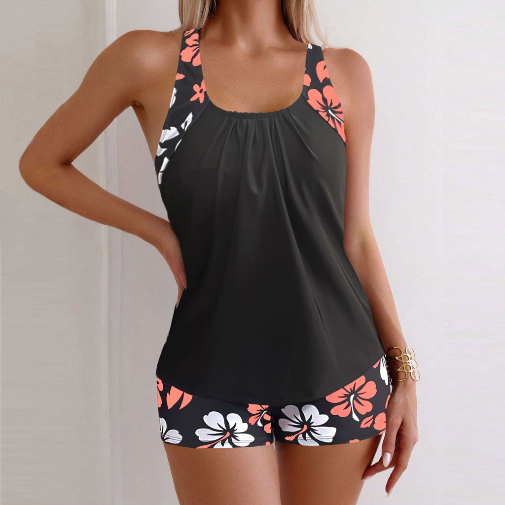 Vibrant Floral Tankini with Classic Black Base