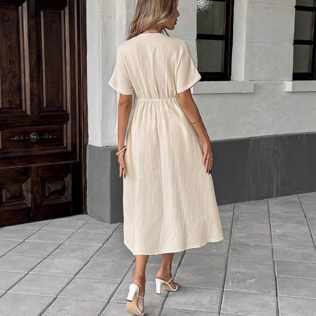 Elegant V-Neck Midi Dress with Flattering High-Waist Silhouette
