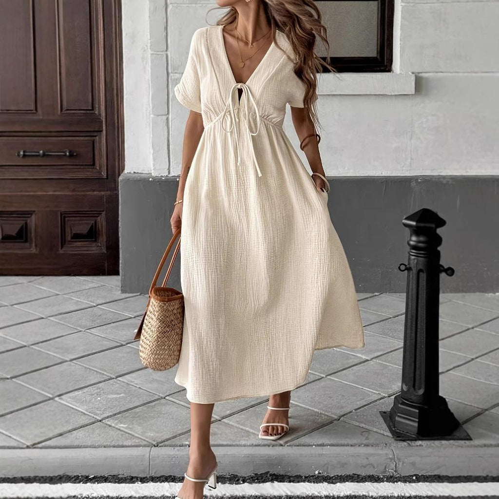 Elegant V-Neck Midi Dress with Flattering High-Waist Silhouette