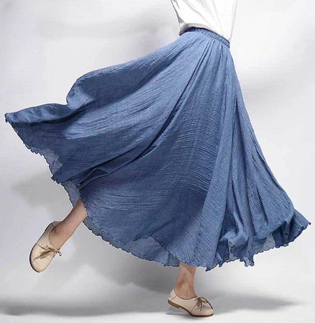 Flowy A-Line Linen Skirt with High-Rise Gathered Waist