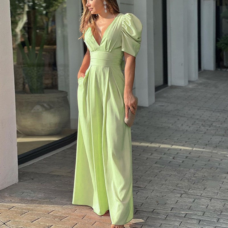 Puff Sleeve Wide Leg Jumpsuit for Women – Marigold