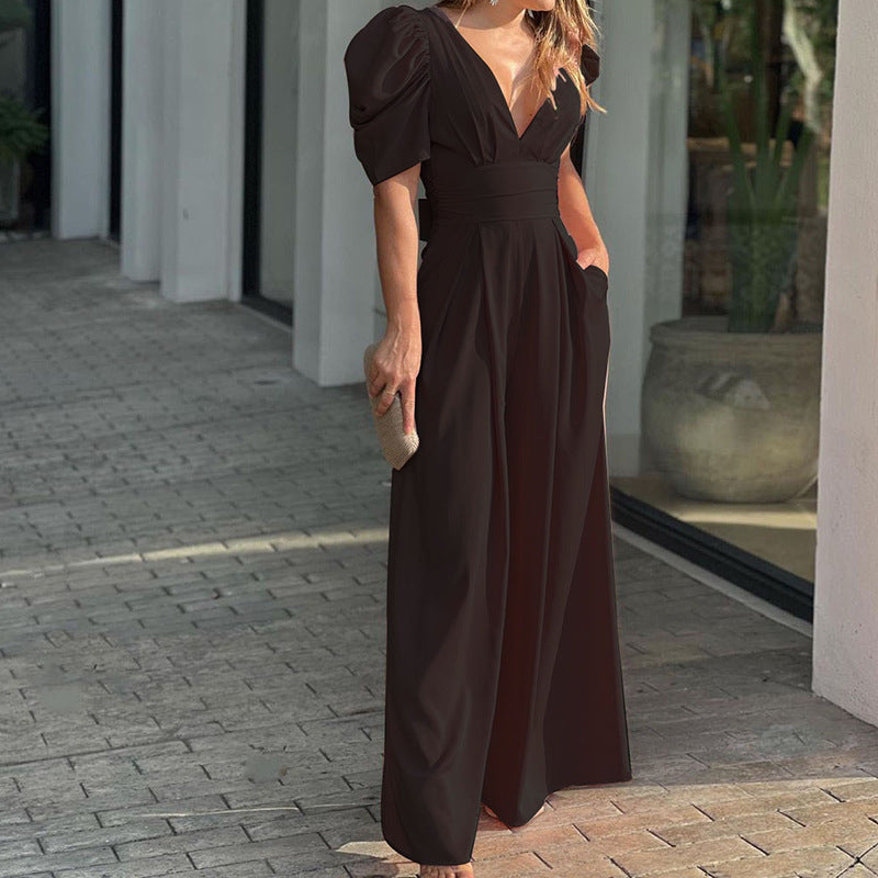 Puff Sleeve Wide Leg Jumpsuit for Women – Marigold