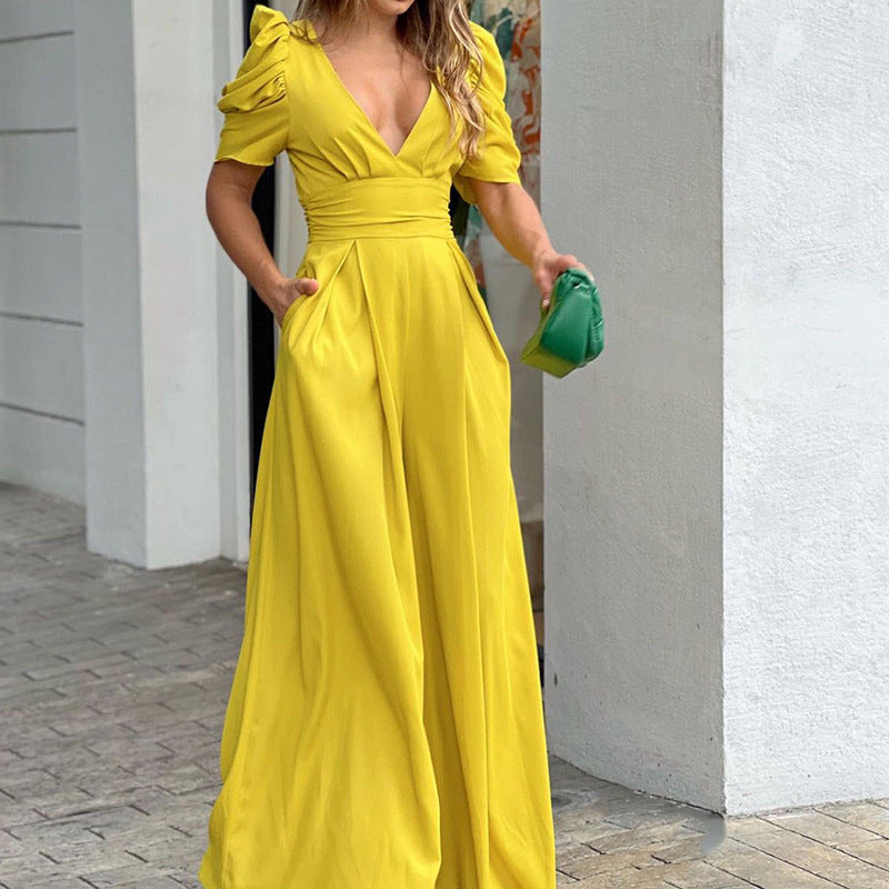 Puff Sleeve Wide Leg Jumpsuit for Women – Marigold