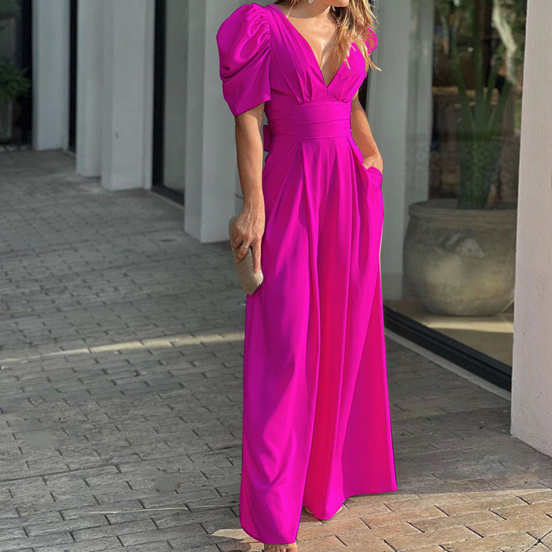 Puff Sleeve Wide Leg Jumpsuit for Women – Marigold
