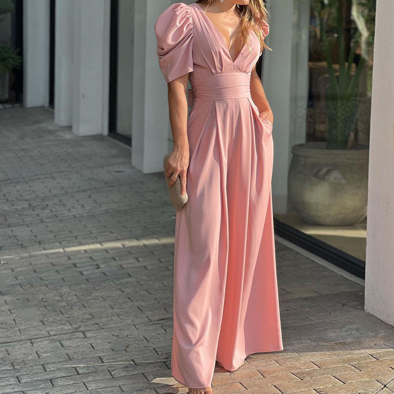 Puff Sleeve Wide Leg Jumpsuit for Women – Marigold