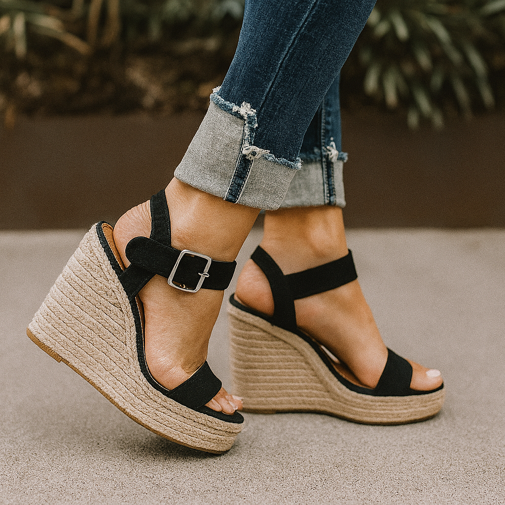 Orthopedic Wedge Sandals with Espadrille Trim & Ankle Strap