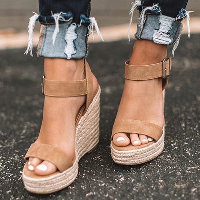 Orthopedic Wedge Sandals with Espadrille Trim & Ankle Strap