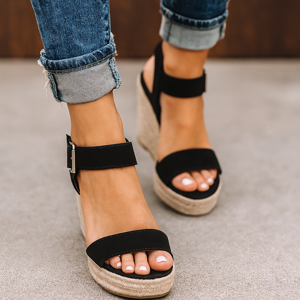 Orthopedic Wedge Sandals with Espadrille Trim & Ankle Strap