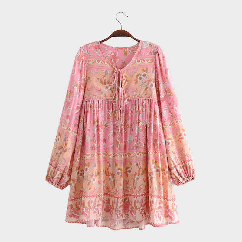Boho Mini Tunic Dress in Vintage Pink Rose